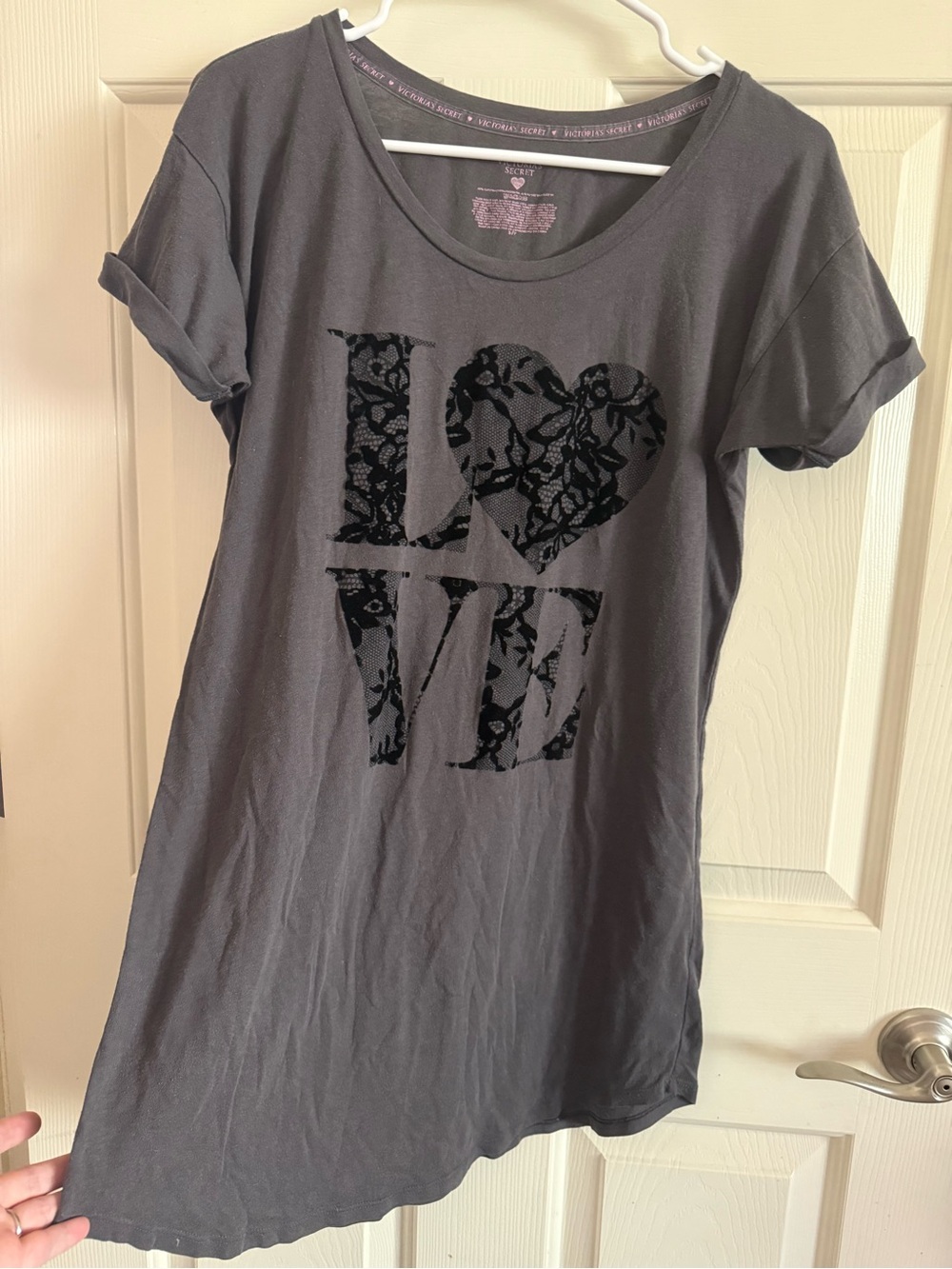 Victoria's Secret Charcoal Gray Lace LOVE Graphic Chemise Nightshirt